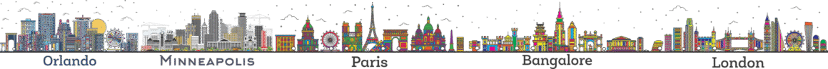 Skylines of Orlando, Minneapolis, Paris, Bangalore, and London
